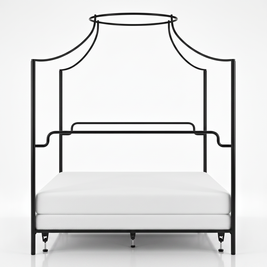 The Trinity Hand-Forged Halo Canopy Bed — front view showing floating halo canopy, curved arms and industrial obsidian powder coat finish