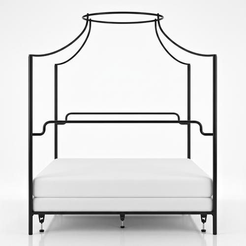 The Trinity Hand-Forged Halo Canopy Bed — front view showing floating halo canopy, curved arms and industrial obsidian powder coat finish