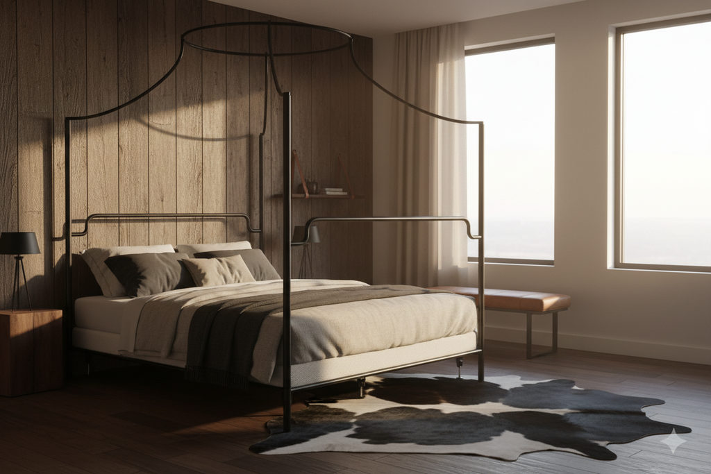The Trinity Hand-Forged Halo Canopy Bed in a moody Texas-inspired master bedroom with leather accents, cowhide rug and golden hour light