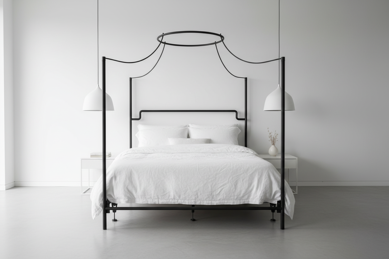 The Trinity Hand-Forged Halo Canopy Bed in a clean minimalist white bedroom with concrete floors and pendant lights