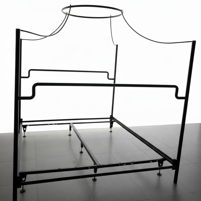 The Trinity Hand-Forged Halo Canopy Bed — angled view showing halo ring canopy, footboard crossbar and matte black powder coat finish